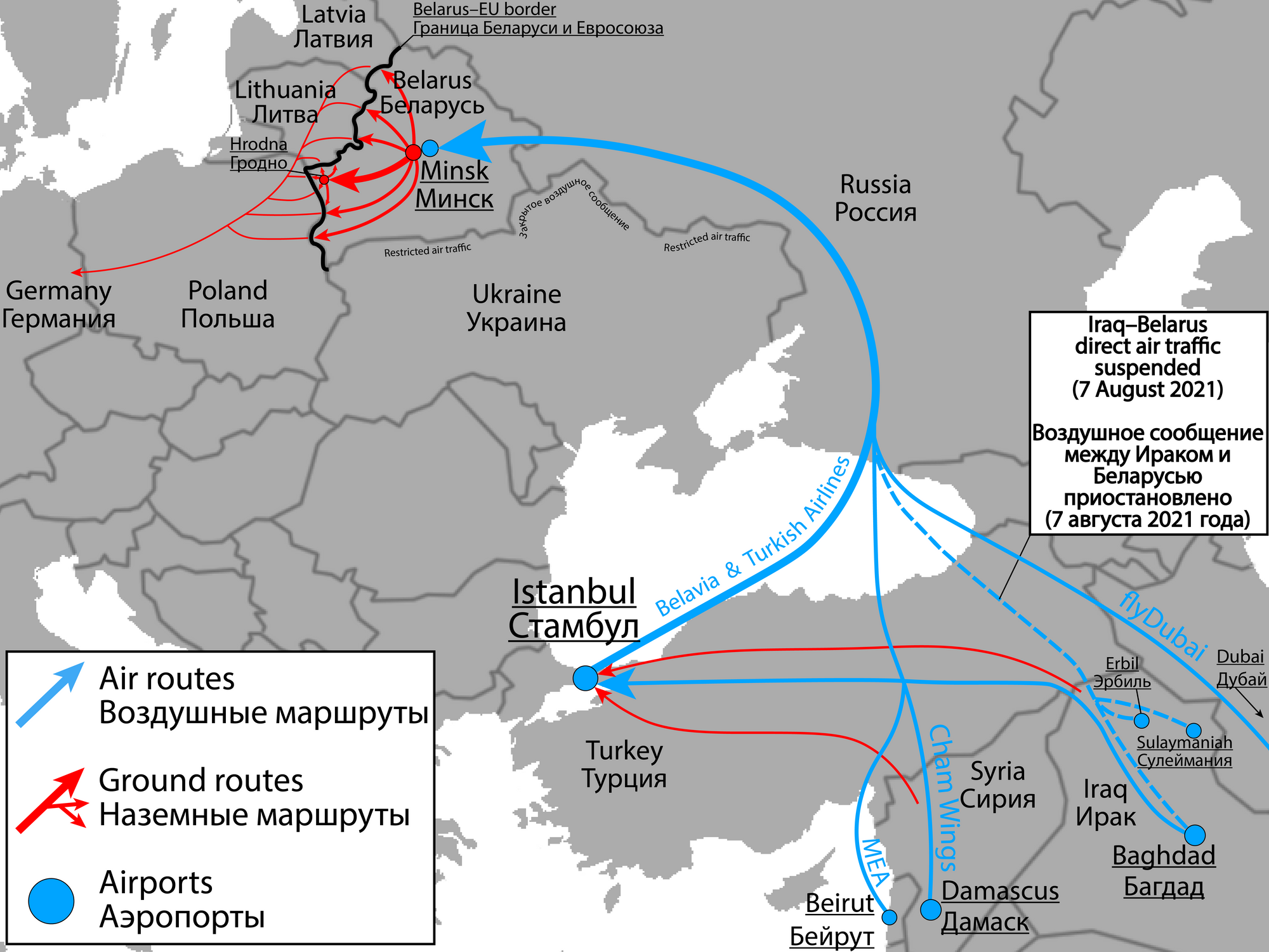 A map of migration routes from the countries of origin, on to Belarus, and then to the EU